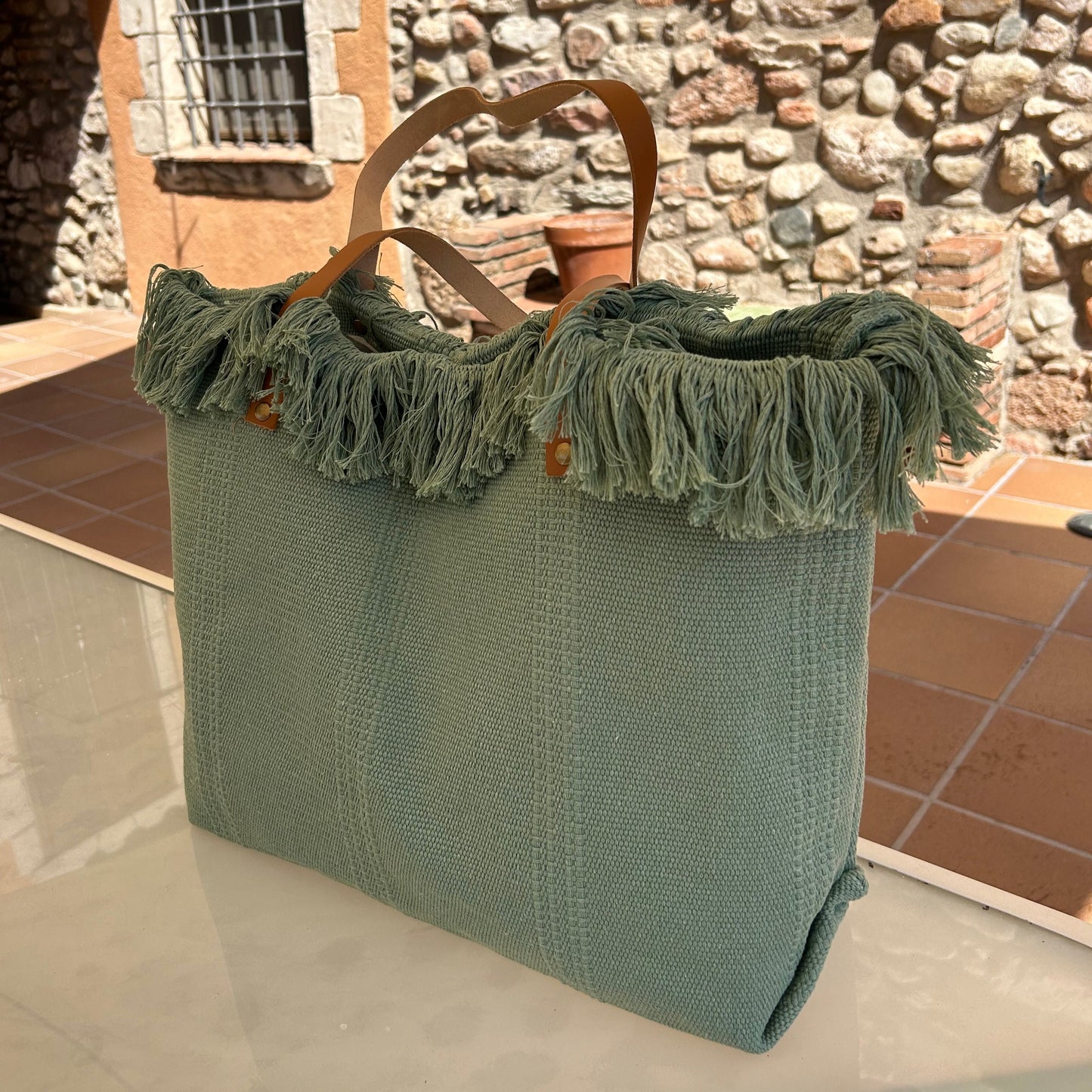 Bolso algodón desflecado verde agua personalizado