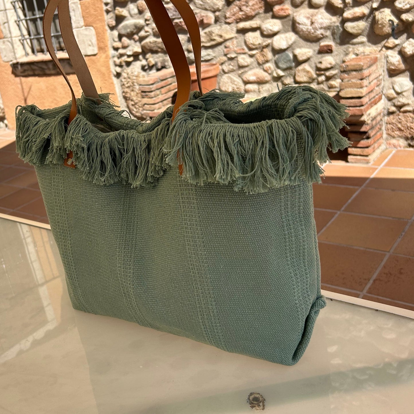 Bolso algodón desflecado verde agua personalizado